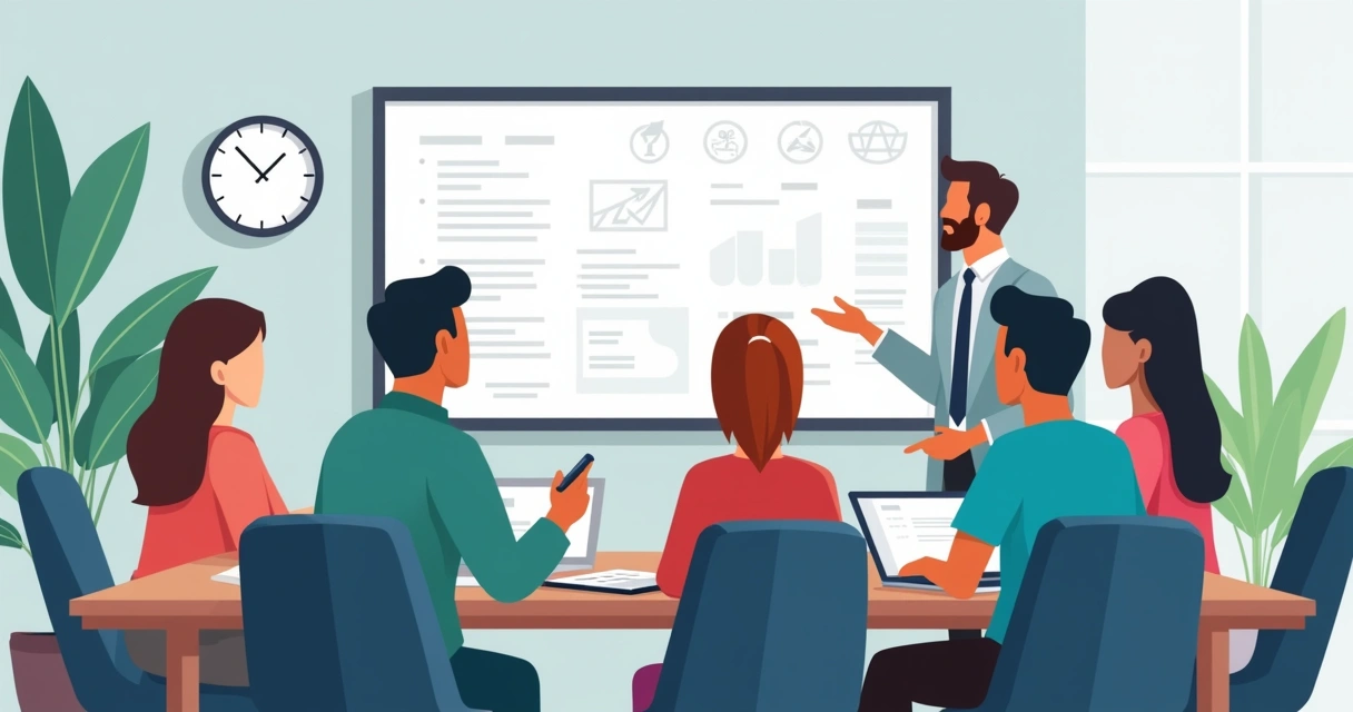 Gestor conduzindo reunião com equipe em uma sala de escritório, quadro branco ao fundo com gráficos desenhados e laptops sobre a mesa 