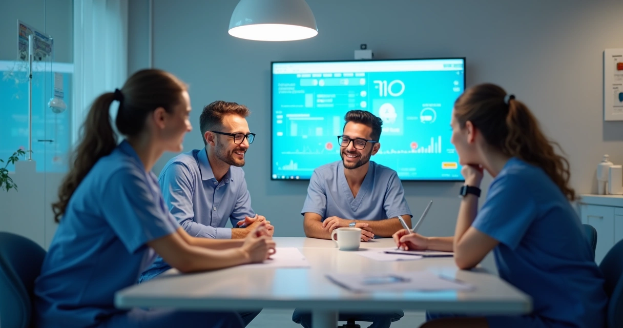 Equipe odontológica reunida em reunião em clínica moderna
