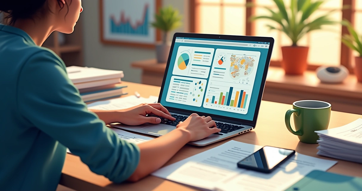 Pessoa organizando contratos e finanças no notebook, papéis e café ao lado