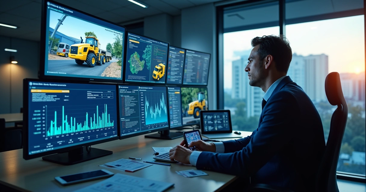 Gestor de frota analisando telas digitais com gráficos e mapas de veículos pesados em ambiente de escritório moderno 