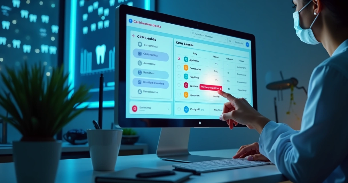 Dashboard de CRM com lista de leads agendados para clínica odontológica