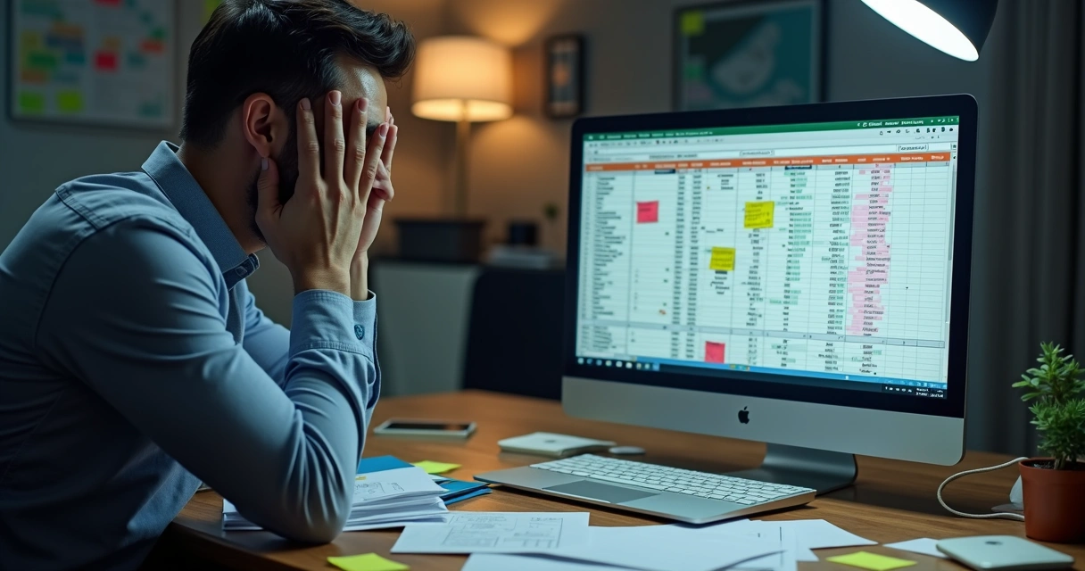 Profissional tentando gerir leads em uma planilha cheia de dados 