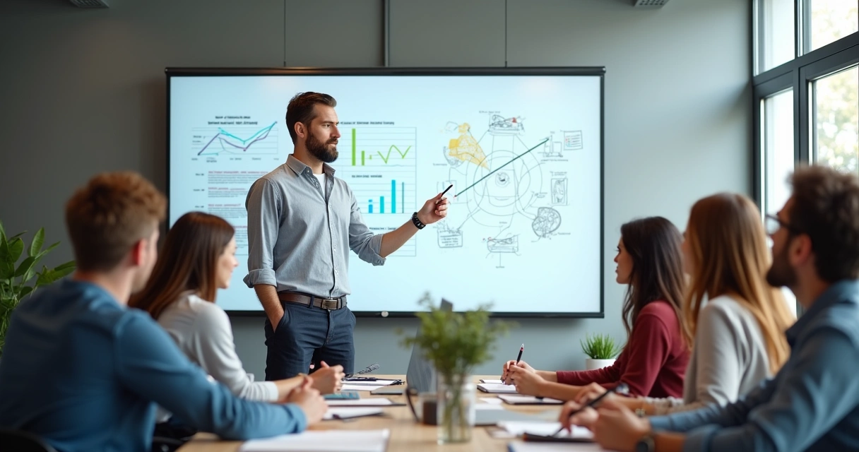Gestor explicando regras em quadro branco, equipe atenta em sala colaborativa