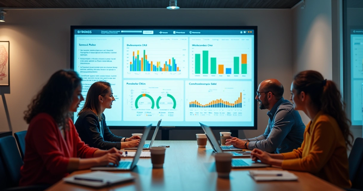 Equipe de vendas e marketing analisa gráficos em um computador moderno 