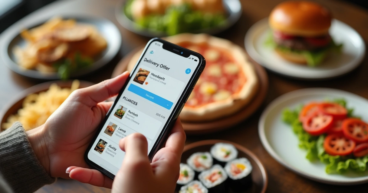 Mãos programando posts de delivery no celular com pratos ao fundo 