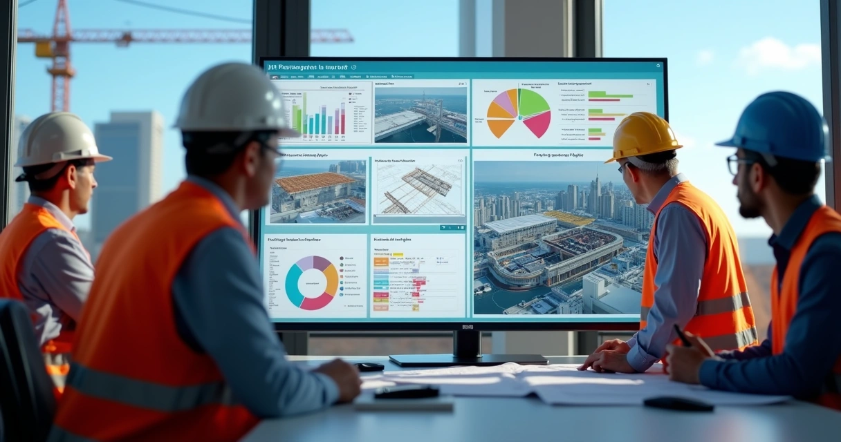 Tela de computador exibindo painel de controle de obra com gráficos, sensores e planta digital em ambiente de canteiro de obras com operários e guindastes ao fundo 
