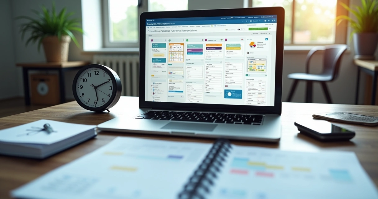 Mesa de trabalho com documentos, calendário, relógio e computador exibindo gráficos de prazos e notificações organizadas 