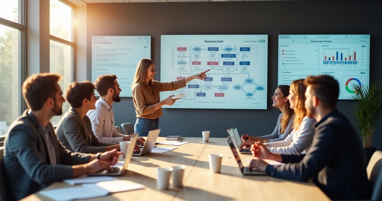Equipe de atendimento discutindo processos de trabalho em uma sala moderna 