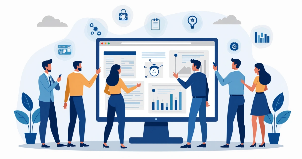 Ilustração corporativa flat mostrando equipe colaborando em gerenciamento de projetos com gráficos, tarefas e ícones digitais 