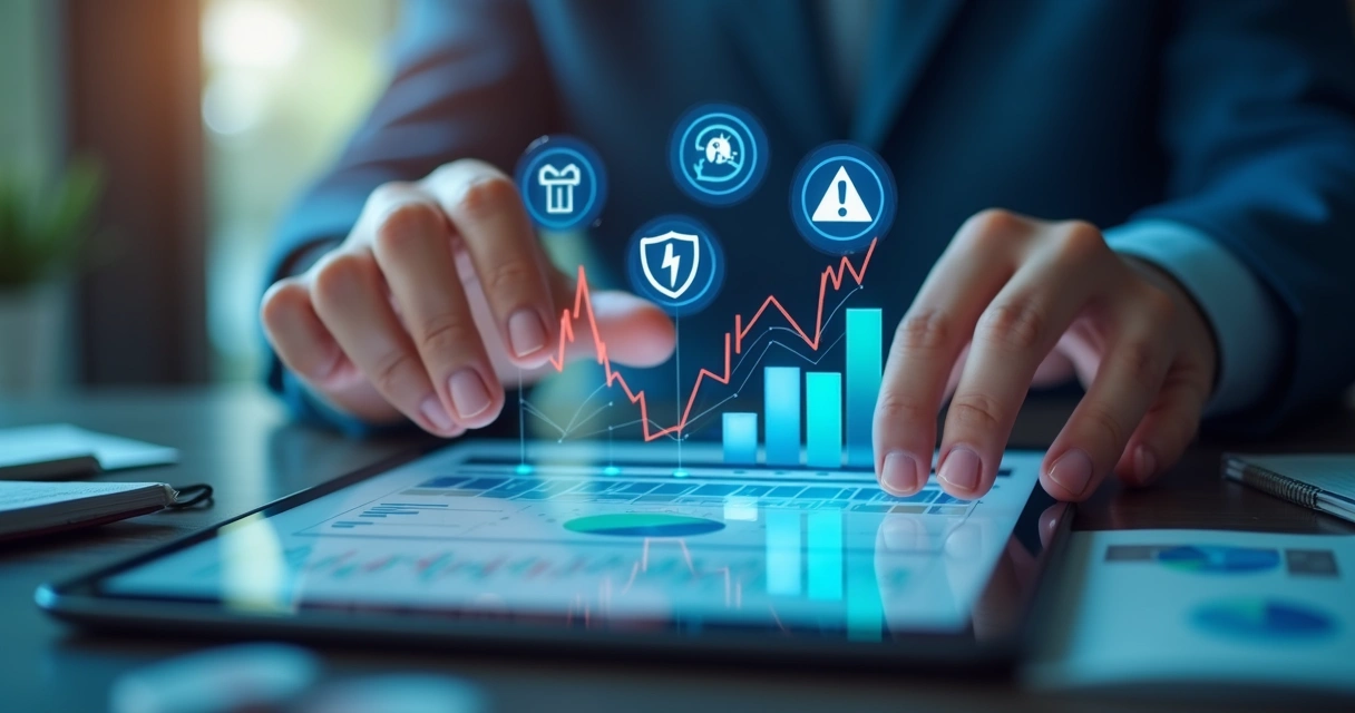 Símbolos de gestão de risco financeiro e proteção de dados 