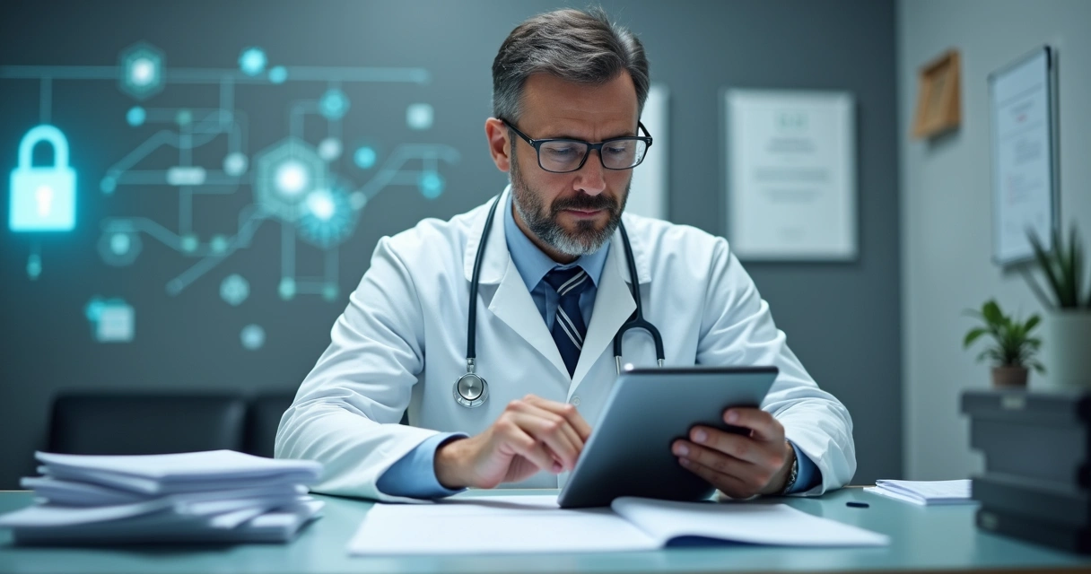 Médico revisando prontuário do paciente em ambiente clínico 