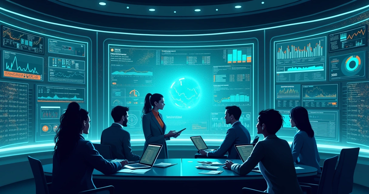 Ilustração de uma sala de controle com profissionais analisando dados em tempo real sobre gestão de riscos.