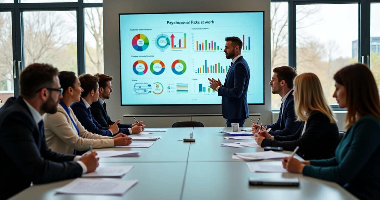 Equipe de trabalho reunida em sala moderna, analisando gráficos de riscos psicossociais