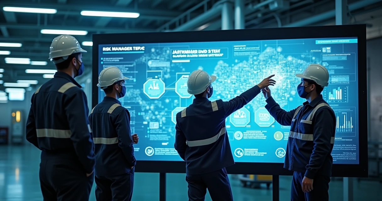 Diagramas de processos de gestão de riscos e trabalhadores em ambiente industrial moderno