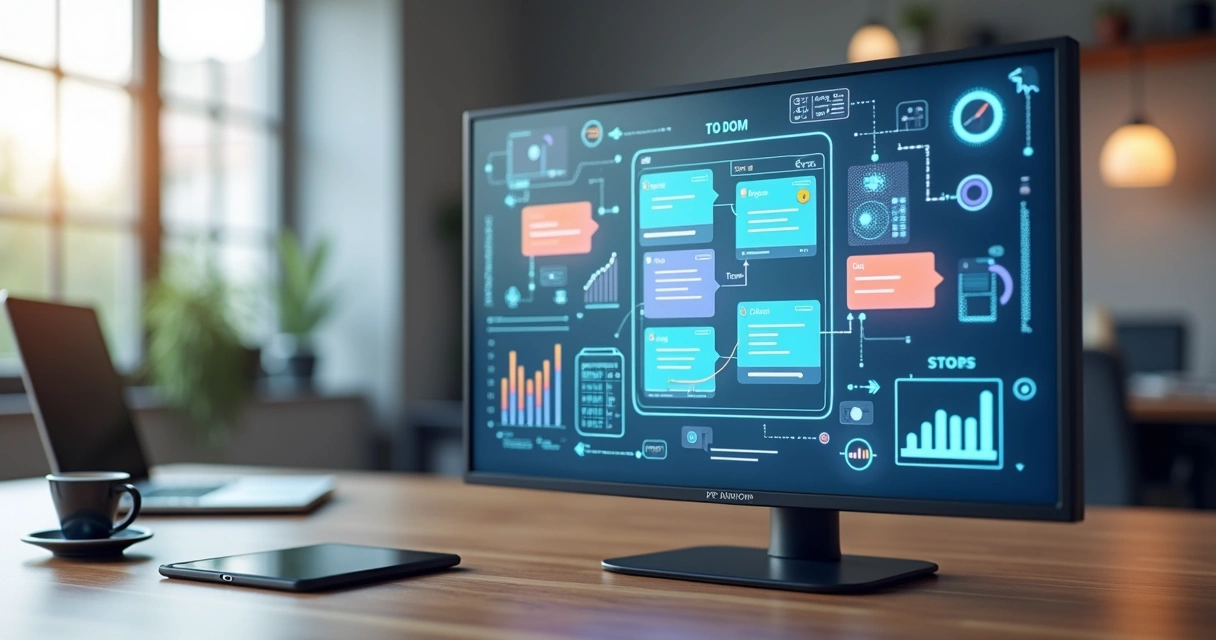 Modelo 3D de quadro Kanban e Scrum com cartões coloridos organizando tarefas em um ambiente digital 