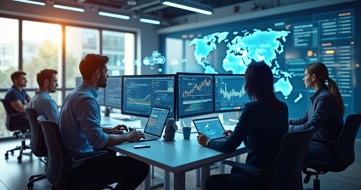 Profissionais de TI trabalhando juntos em escritório moderno com múltiplos monitores mostrando gráficos e alertas de segurança 