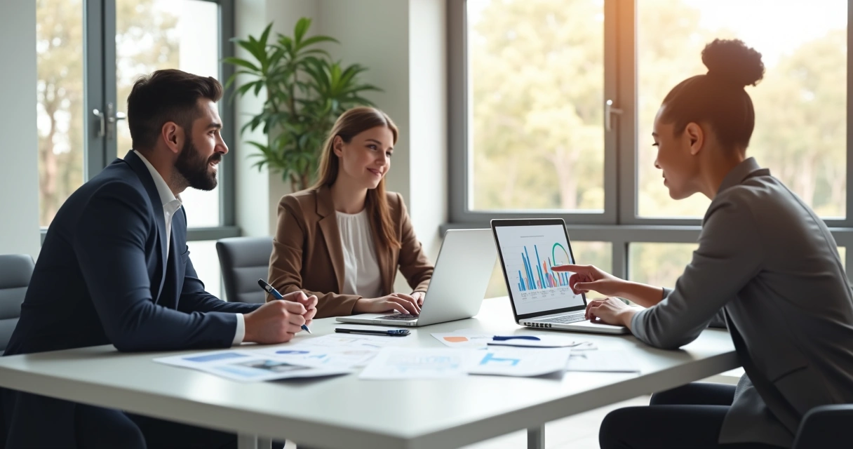Como montar um time de parcerias com 1 a 3 pessoas Equipe de três pessoas reunida com notebook e gráficos na mesa