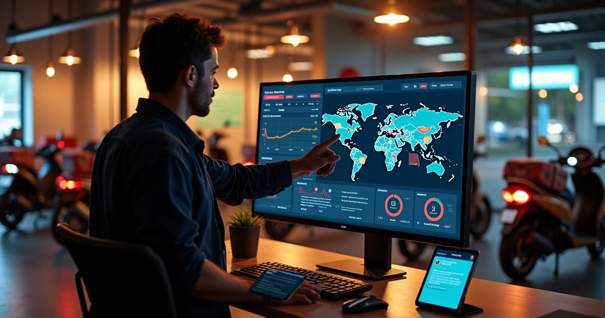 Dono de delivery analisando painel digital com mapa de rotas e dados de pedidos 