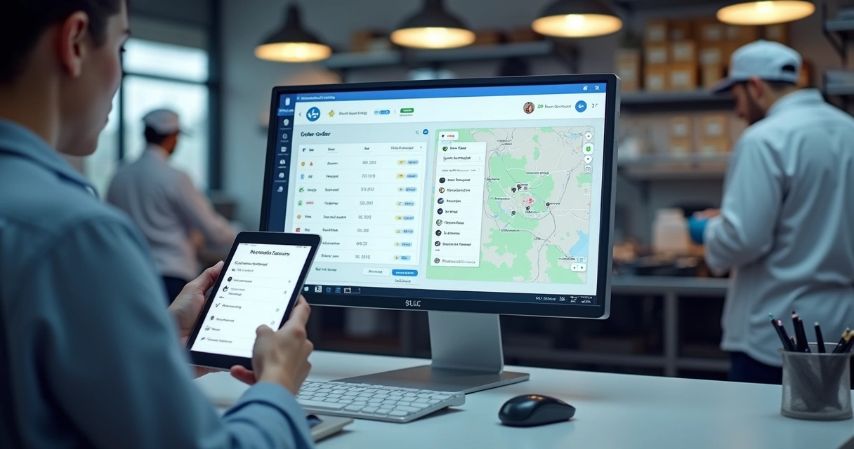 Tela de computador mostrando dashboard de delivery com pedidos em andamento, enquanto pessoa mexe em tablet com checklist. 