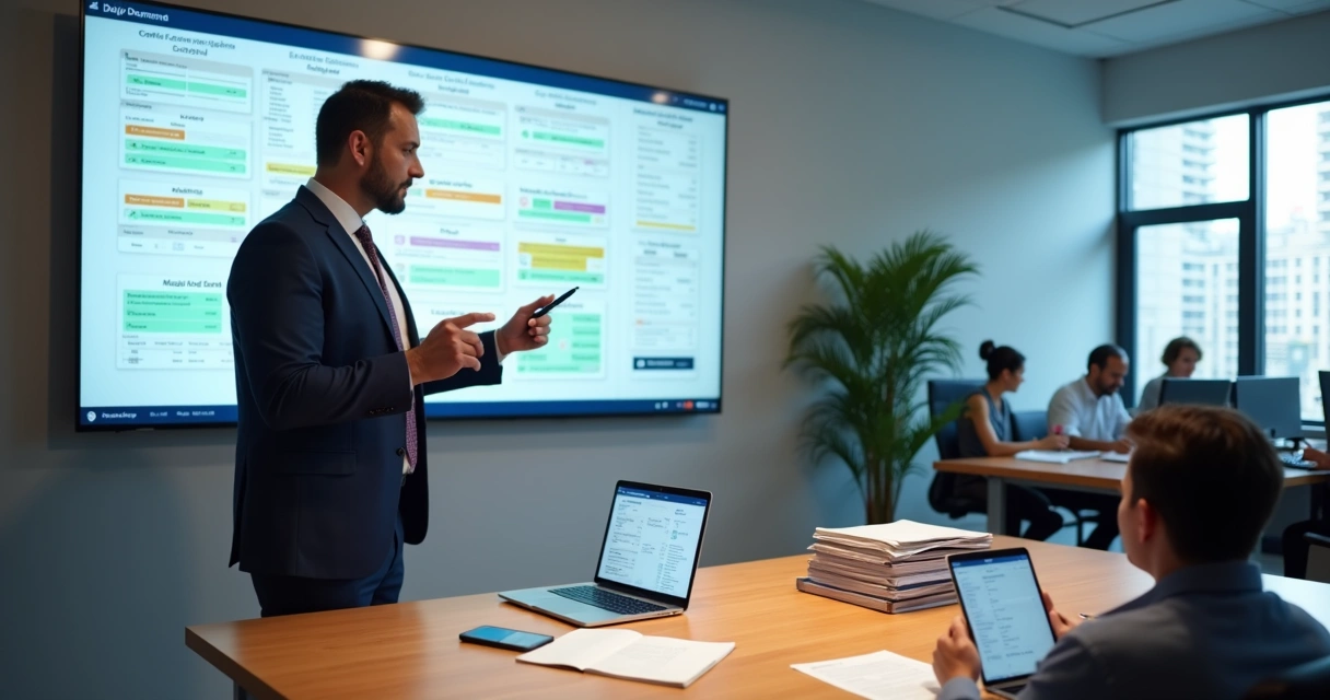 Vereador organizando demandas políticas em painel digital com equipe ao fundo 