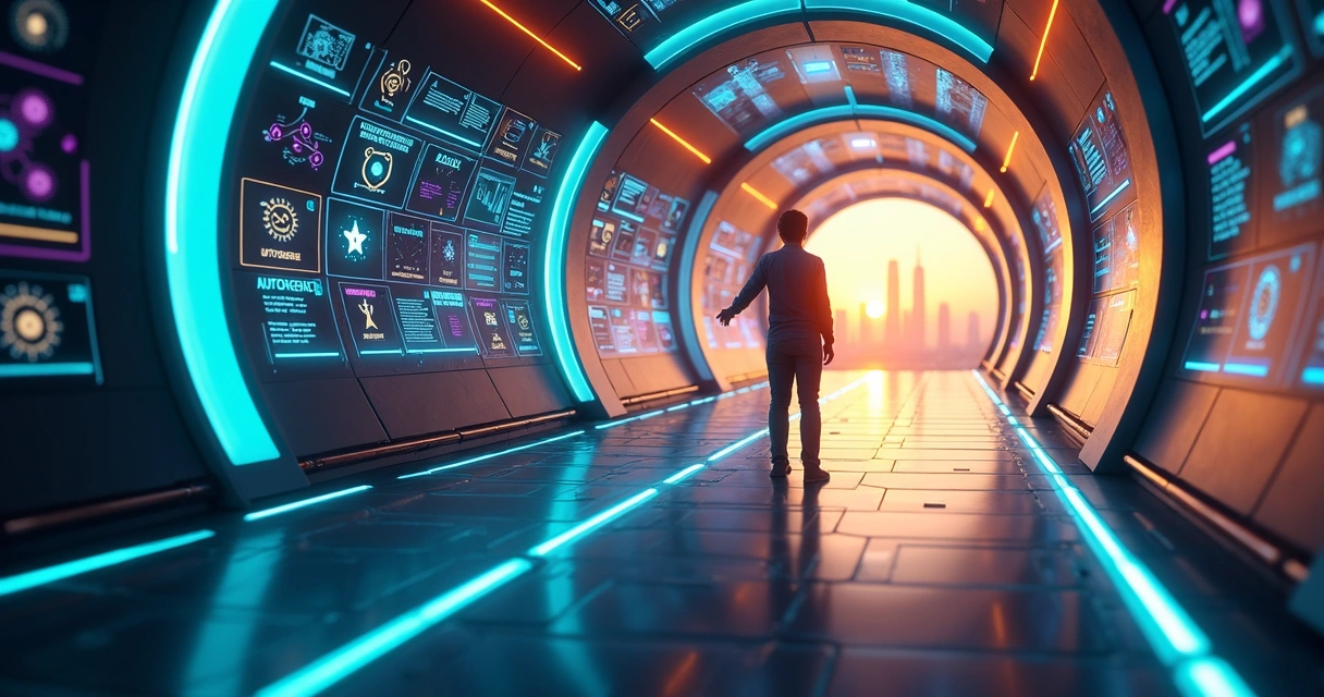 Profissional organiza plaquetas digitais de tarefas em túnel tecnológico futurista 