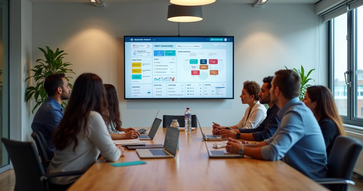 Equipe política analisando painel de demandas em tela 