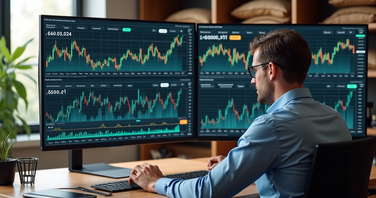 Homem analisando gráficos financeiros em tela com dados de commodities e hedge no agronegócio 