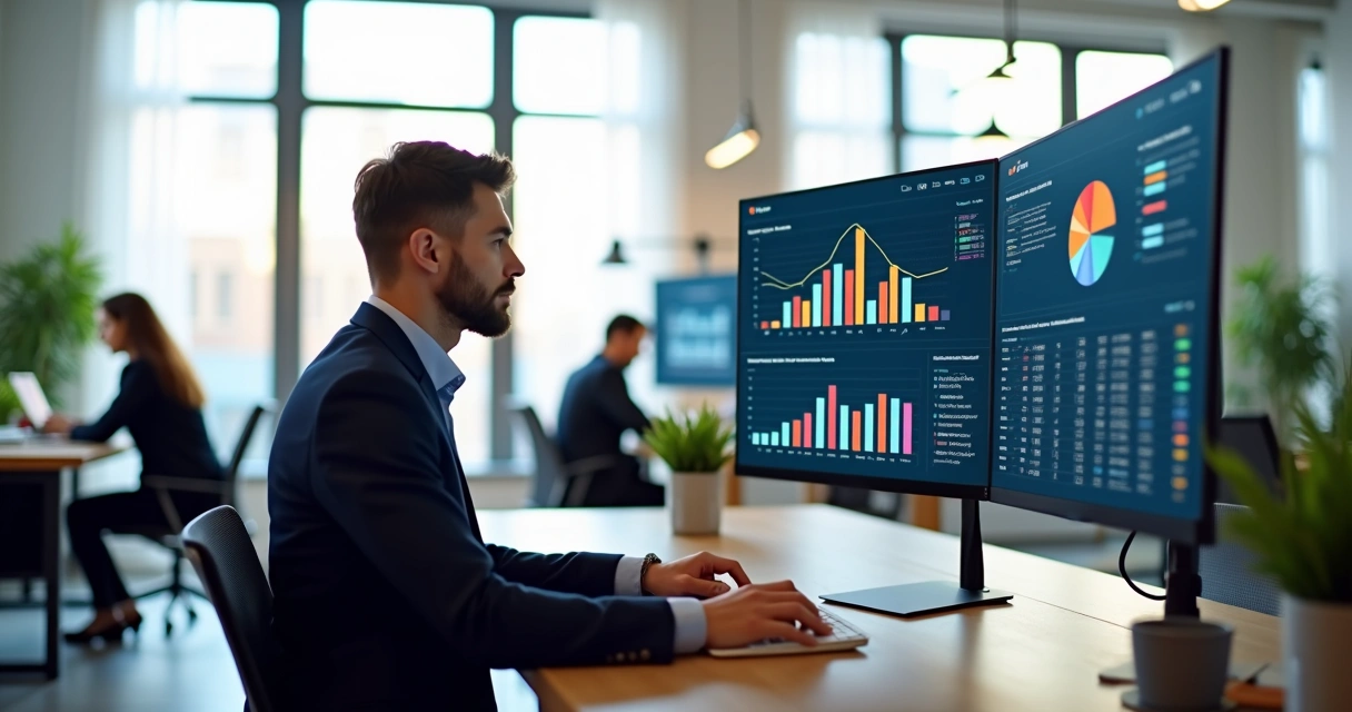 Gestor analisando gráficos de desempenho em tela de computador com equipe ao fundo 