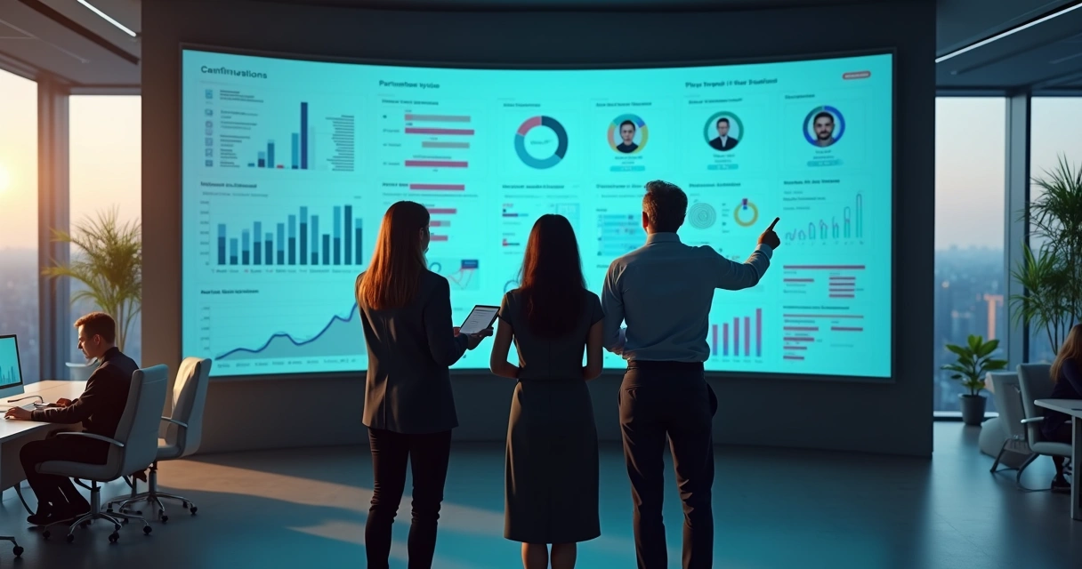 Gestores observando painel digital com indicadores de desempenho em escritório moderno 