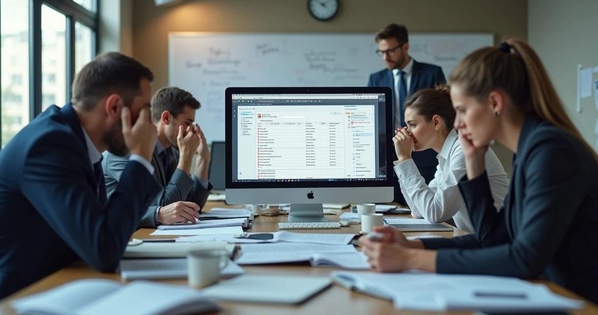 Escritório desorganizado com papéis espalhados, computador com notificações e pessoas confusas trabalhando 