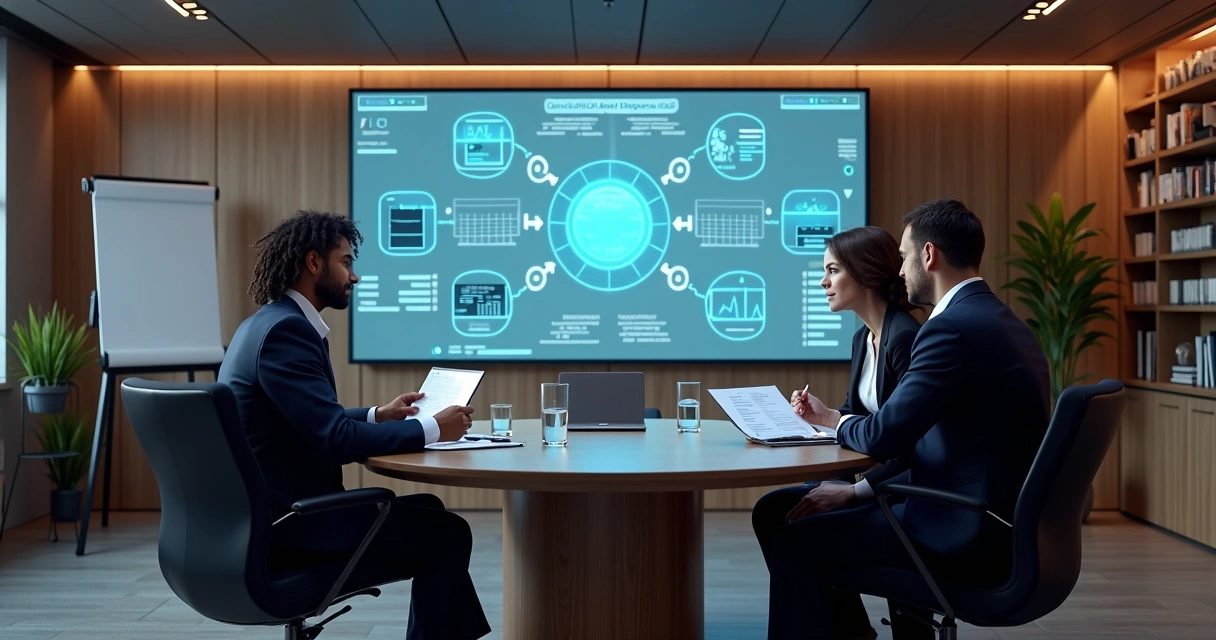 Mesa de reunião com advogados analisando contratos digitais e gráficos em tela grande exibindo fluxos de aprovação e auditoria. 