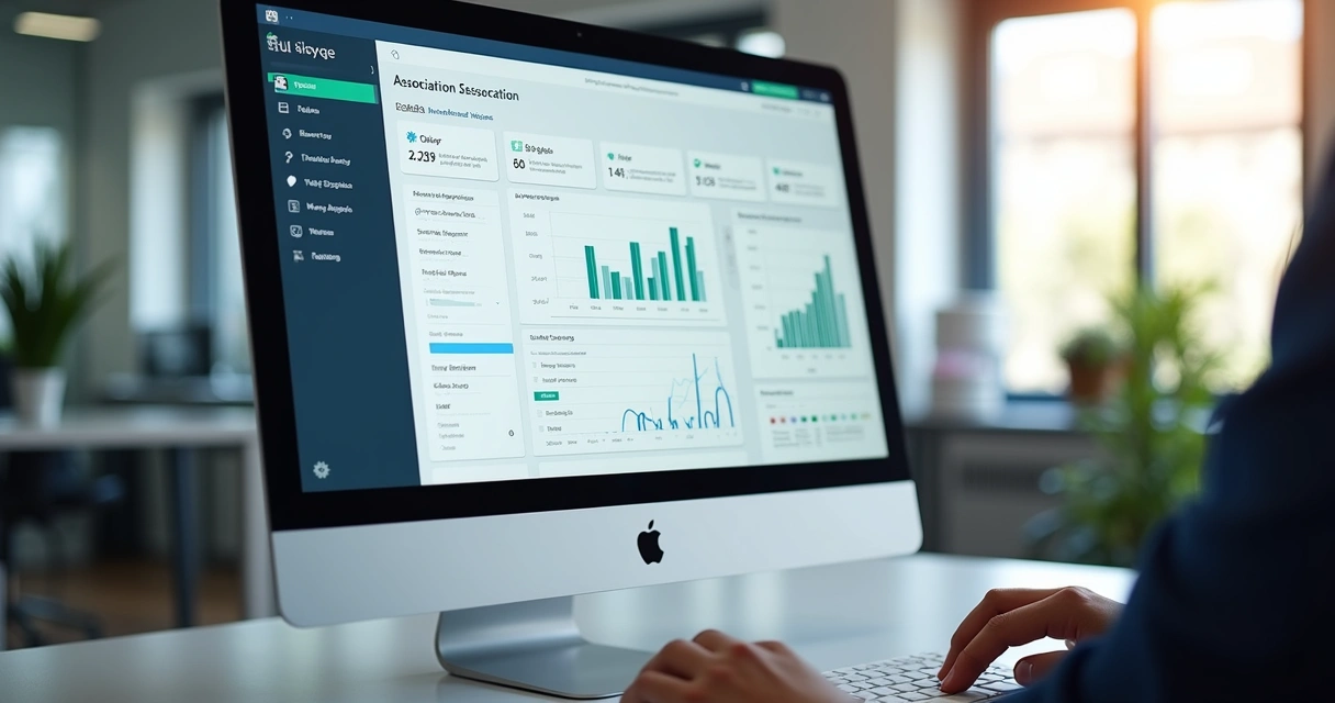 Tela de computador com sistema digital de gerenciamento associativo, gráficos e listas de associados visíveis