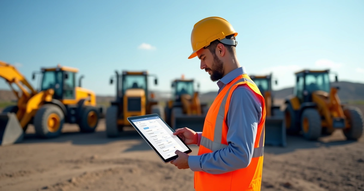 Gestor de frotas usando tablet com checklist digital e maquinário pesado ao fundo 