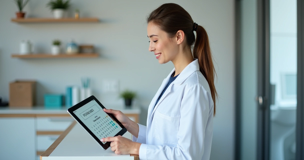 Profissional de odontologia usando um tablet para organizar agenda digital da clínica 