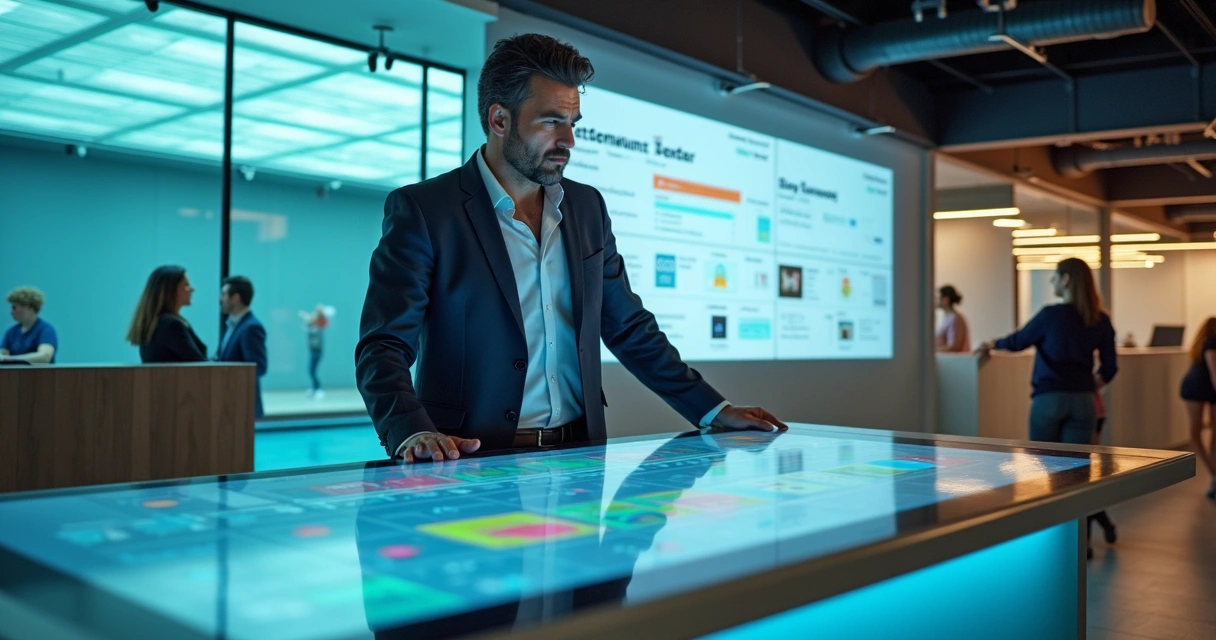 Gestor de clube esportivo usando painel digital para controlar finanças e associados 