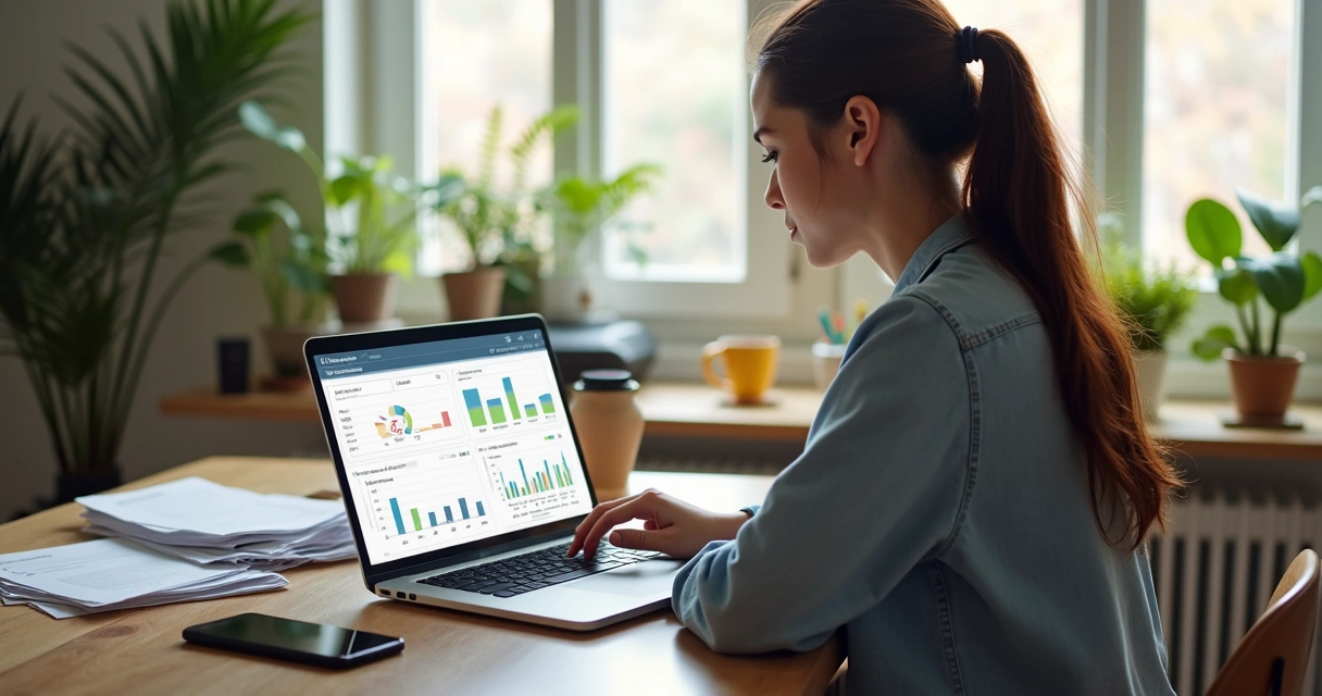 Síndica usando notebook para visualizar sistema de gestão condominial na mesa de trabalho, ao lado de pilha de papéis 