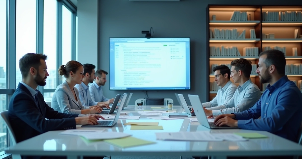 Gestão digital condominial com pessoas em frente a notebooks 