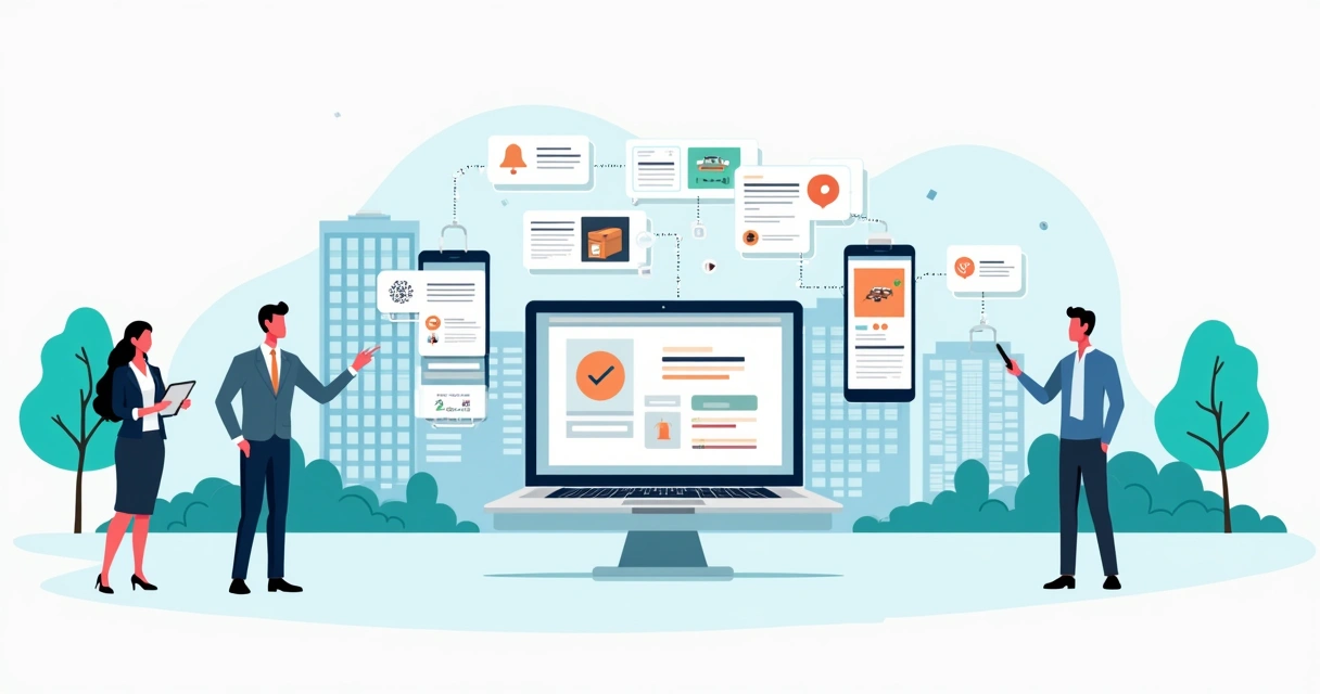 Gestão digital de condomínio com telas e recursos integrados em ilustração corporativa 