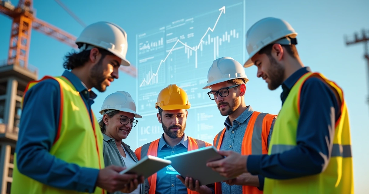 Equipe de construção civil usando tablets e laptops em canteiro de obra moderno com gráficos digitais sobrepostos 