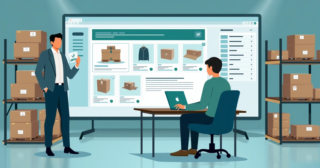 Gestão digital em distribuidora com estoque e catálogos em tela 