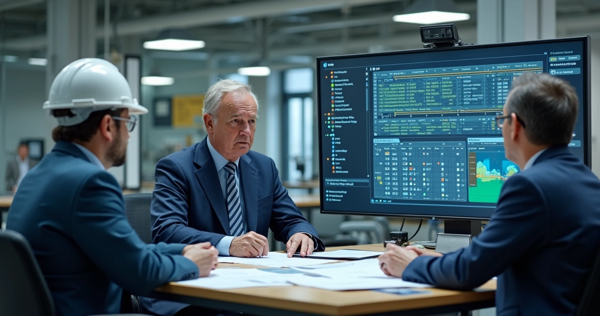 Equipe de trabalho analisando documentos digitais em tela grande na indústria 