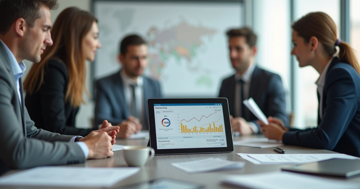 Sala de reuniões com empresário usando aplicativo bancário 