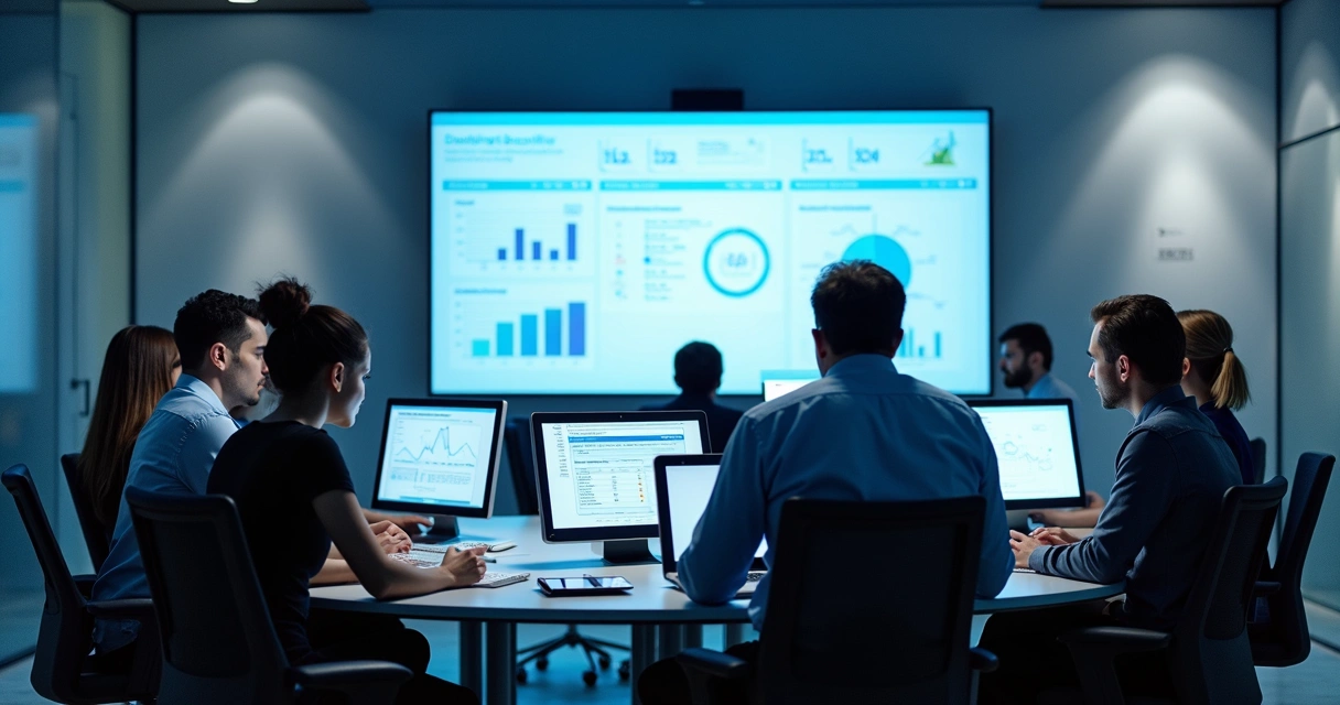 Equipe contábil reunida em escritório moderno analisando tarefas digitais 