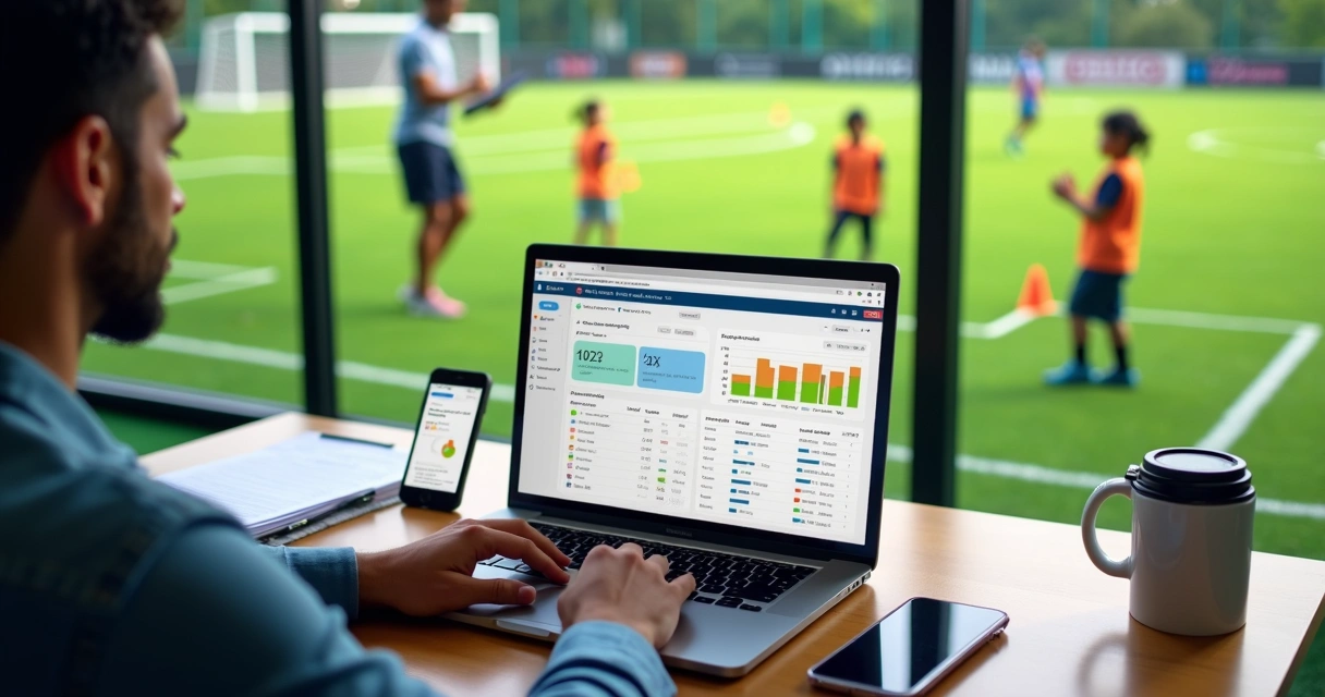 Gestor de escola de futebol usando sistema digital ao lado de campo com crianças treinando 