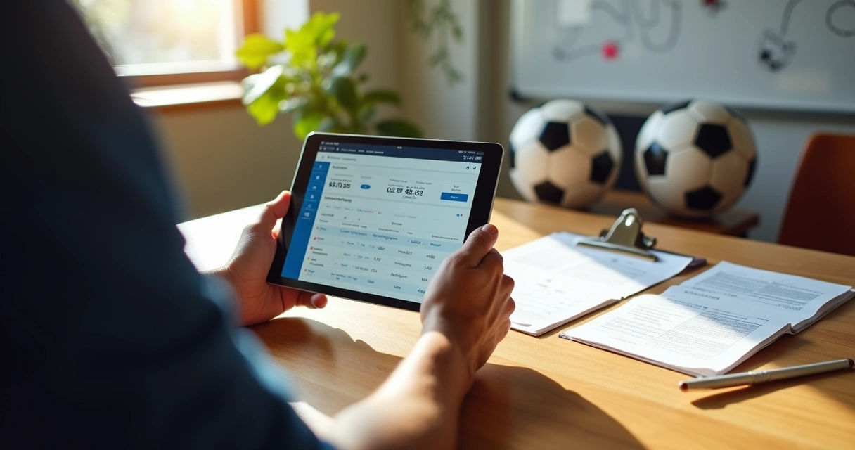 Gestor de escola de futebol usando tablet ao lado de prancheta com papéis e bolas de futebol 