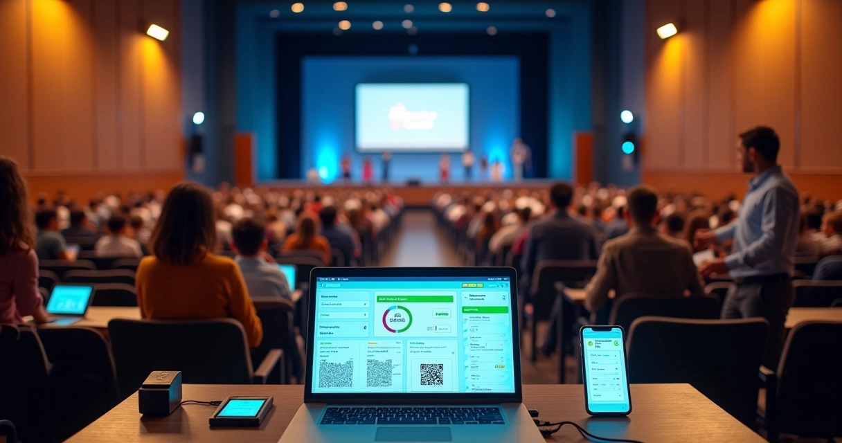 Auditório escolar com painel digital gerenciando evento 