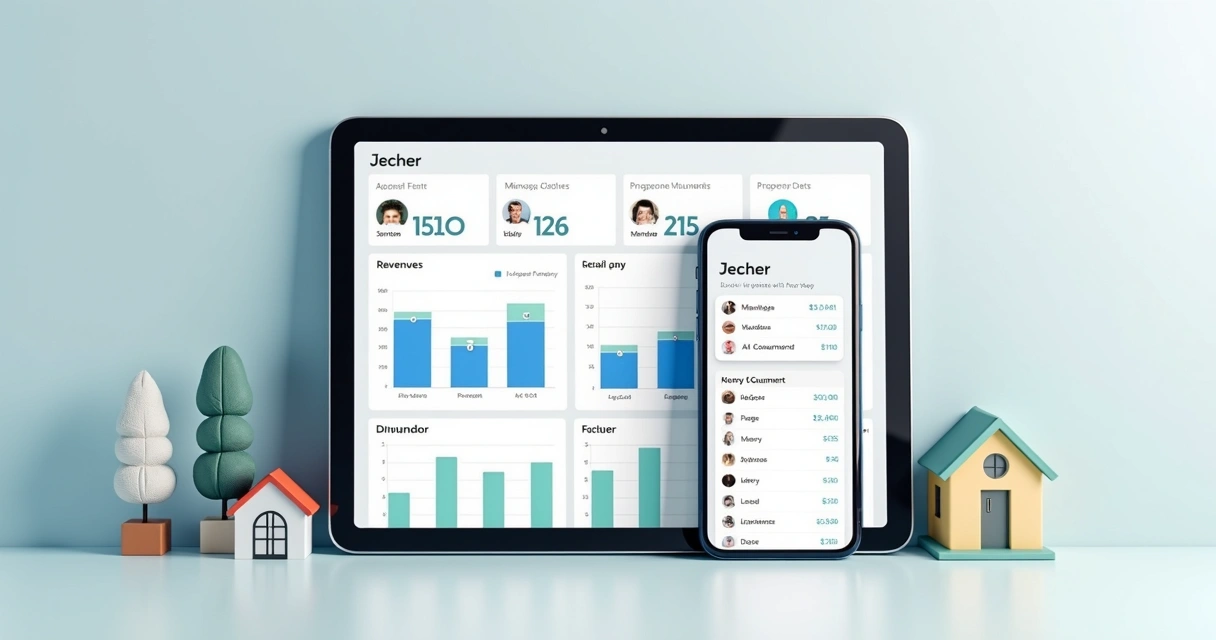 Tela de aplicativo de gestão imobiliária digital em tablet e smartphone sobre fundo claro 
