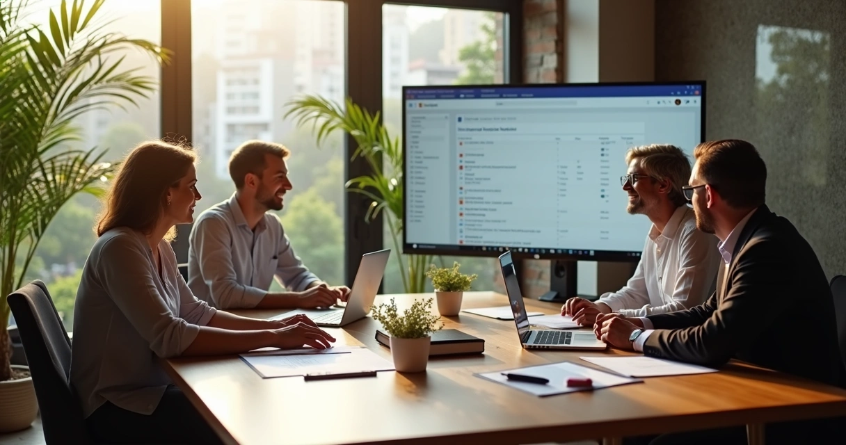 Corretor de imóveis usando notebook em mesa de reunião com clientes em escritório moderno 