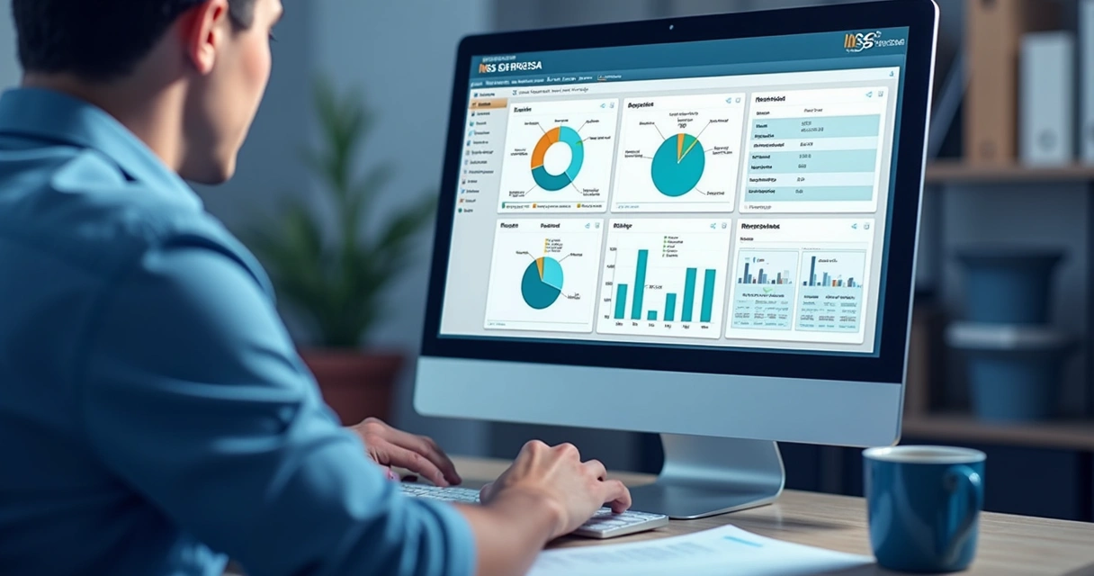 Tela de sistema digital INSS Empresa e relatórios digitais no computador 