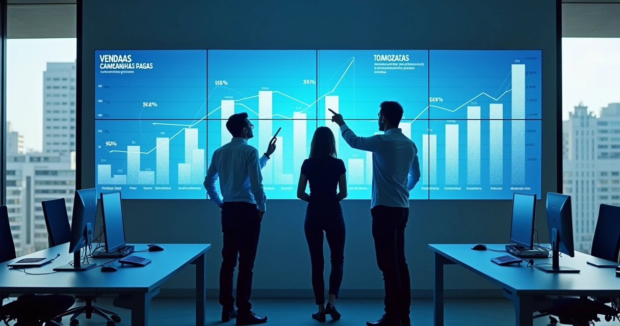 Equipe gerenciando painéis digitais de leads e vendas em escritório moderno 